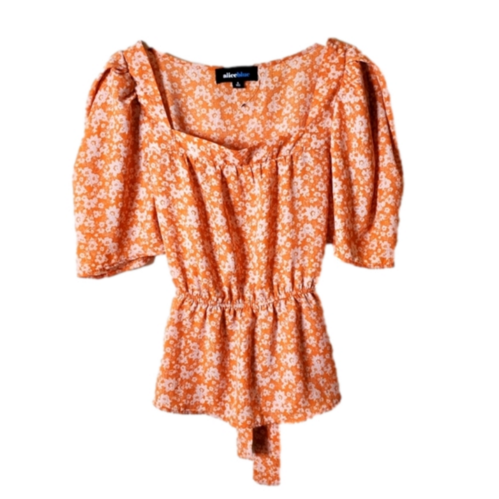 Alice Blue Floral Square Neck Puff Sleeve Tie Waist Blouse Top